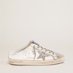 Super-Star Sabots - white leather / gray suede with silver glitter star, size 40